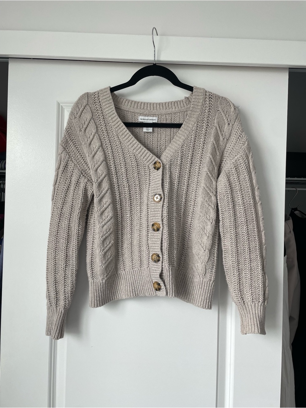 cupcakes & cashmere Beige Cable Knit V-Neck Button Cardigan